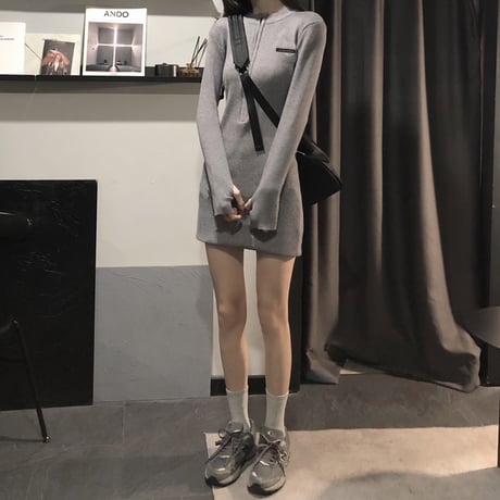 ニットワンピース リブニット ハーフジップ ニット タイト スリムフィット スリムニット 韓国ファッション レディース 大人可愛い ガーリー DTC-651165316074