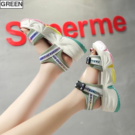 スポーツサンダル カラフルなソール スポサン 6cm 厚底 韓国ファッション サンダル フラットサンダル ベルト マジックテープ 厚底サンダル 617205366653