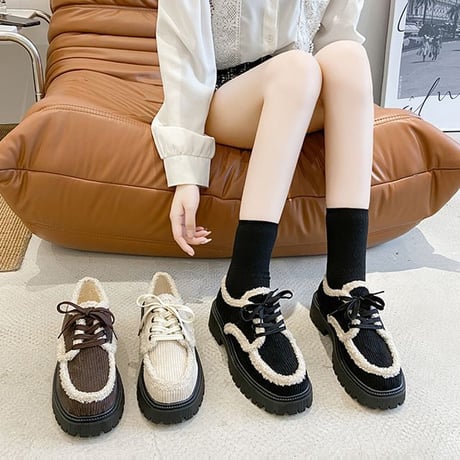 厚底 ボア スニーカー ローファー 22.5～25.0cm スエード シューレース 秋 冬 歩きやすい 疲れない 大人可愛い ガーリー カジュアル DTC-655977044609