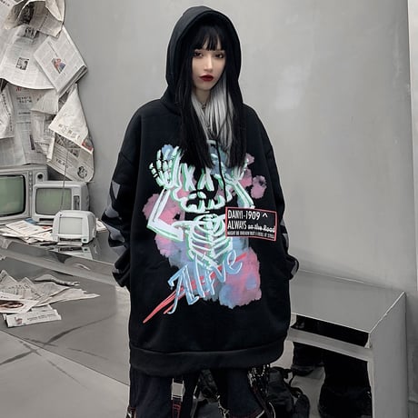 ユニセックス パーカー スケルトン 袖プリント バックプリント プラスベルベット 長袖 オーバーサイズ 韓国ファッション メンズ レディース カジュアル ストリート DTC-611075967613