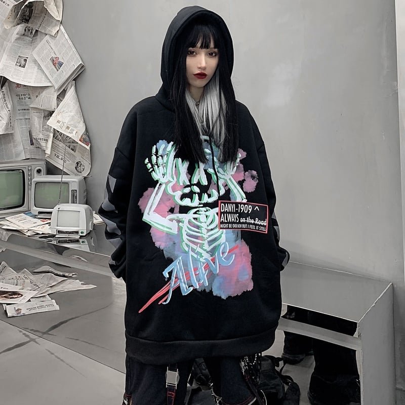 ユニセックス パーカー スケルトン 袖プリント バックプリント プラス