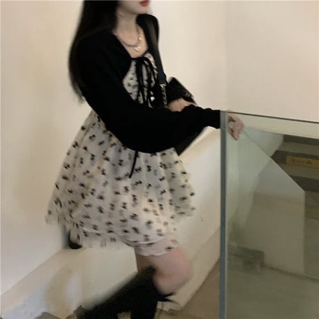 セットアップ ニットカーディガン スリングワンピース キャミワンピース リボン柄 ハイウエスト 韓国ファッション レディース 長袖 大人可愛い ガーリー フェミニン DTC-655148905763