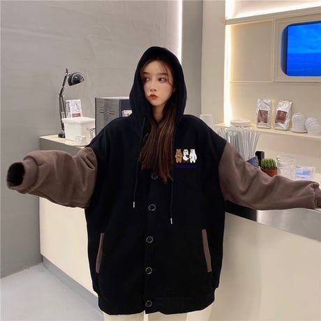 フード付き ブルゾン パーカー 月輪熊 パンダ 白熊 プラスベルベット アウター オーバーサイズ 韓国ファッション レディース ガーリー カジュアル ストリート系 DTC-630016028692