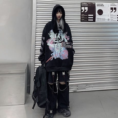 ユニセックス パーカー スケルトン 袖プリント バックプリント プラスベルベット 長袖 オーバーサイズ 韓国ファッション メンズ レディース カジュアル ストリート DTC-611075967613