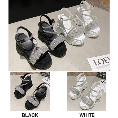 厚底 サンダル 22.0～24.5cm ビジュー ラインストーン バックル プラットフォーム 厚底サンダル オープントゥ 韓国ファッション レディース DTC-527407401064