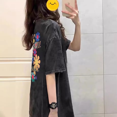 ユニセックス tシャツ ウォッシュ加工 スマイリー デイジー プリント ヴィンテージ風 トップス 半袖 オーバーサイズ カジュアル ストリート男子 ストリート女子 DTCA-747198653553