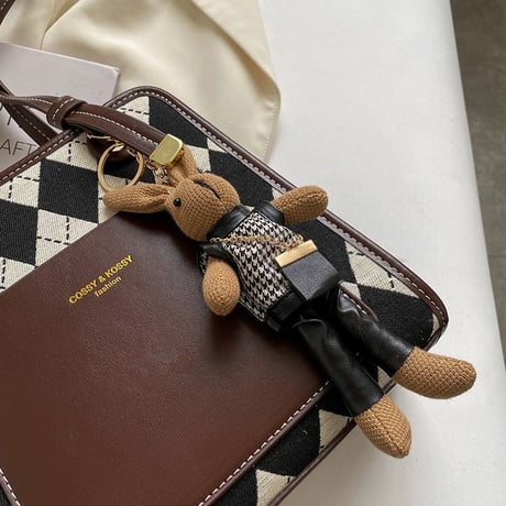 トートバッグ チェック柄 ぬいぐるみ付き ショルダーバッグ 幾何学模様 ミニバッグ スクエアバッグ 肩掛け かわいい レトロ 韓国ファッション レディース DTC-660693632397