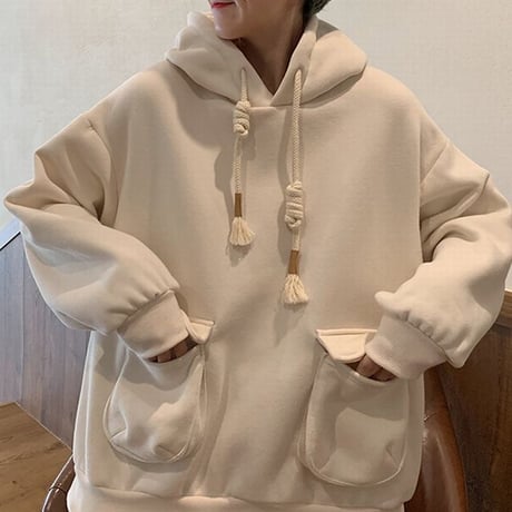 パーカー トップス 裏起毛 プラスベルベット プルオーバー ポケット シンプル ルーズ レトロ 韓国ファッション レディース ガーリー カジュアル DTC-654678669644