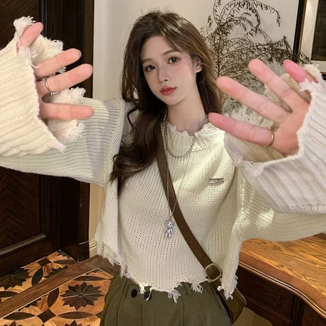 ダメージ加工 ニット ショート丈 セーター トップス ダメージニット 長袖 秋 冬 レトロ 韓国ファッション レディース 大人可愛い ガーリー カジュアル DTC-680077592781