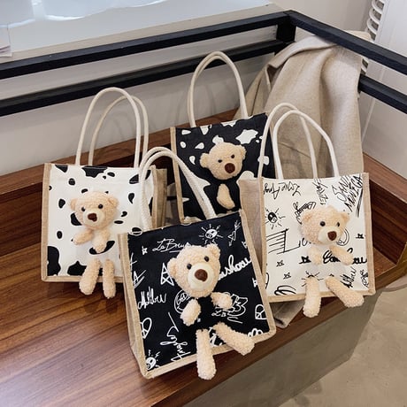 クマのぬいぐるみ付き 麻バッグ リネン ハンドバッグ キャンバスバッグ ミニバッグ ジッパー シンプル レトロ DTC-632445318533