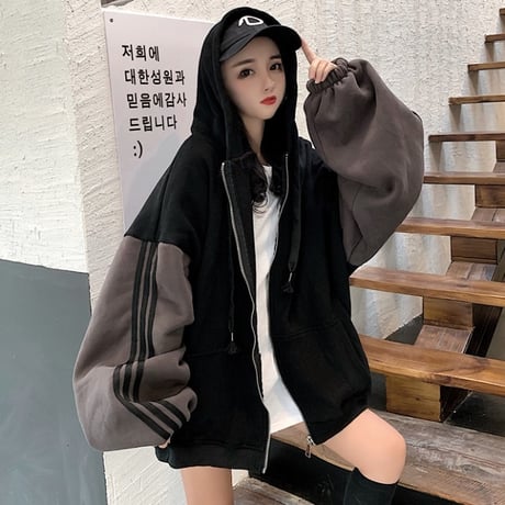 バイカラー パーカー ジップアップ 韓国 ファッション レディース ストリート系 裏起毛 ボリューム袖 ルーズ ライン オーバーサイズ (DTC-604058467663)