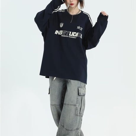ユニフォーム風 トレーナー ロンT トップス サイドライン プルオーバー オーバーサイズ ゆったり 長袖 レトロ カジュアル ストリート女子 スポーツミックス DTCA-848119854080