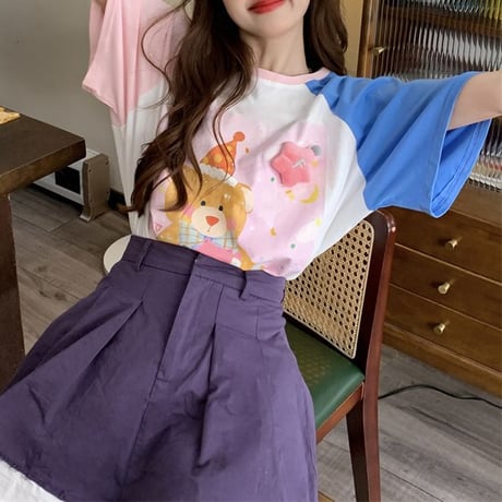 Tシャツ 立体スター クマちゃんプリント バイカラー ラグランスリーブ 半袖 オーバーサイズ トップス レトロ 韓国ファッション レディース 大人可愛い ガーリー DTC-773427210950