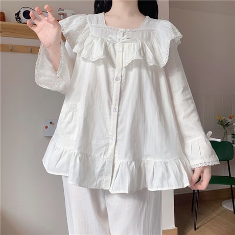 【2カラー】 セットアップ ルームウェア パジャマ フリル襟 リボン 上下セット トップス パンツ 長袖 韓国ファッション レディース 大人可愛い ガーリー DTC-653362280025