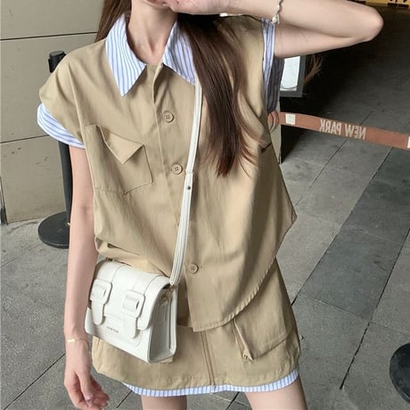 セットアップ 上下セット フェイクレイヤード トップス シャツ スカート ストライプ ルーズ ハイウエスト レトロ 韓国ファッション レディース 大人可愛い ガーリー DTC-801334818769