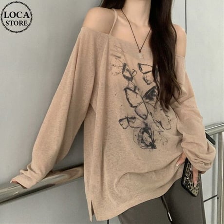 Tシャツ 長袖 薄手 オフショルダー バタフライプリント 肌見せ トップス ルーズ ゆったり カジュアル レトロ 韓国ファッション レディース 大人可愛い ガーリー DTC-737314333337