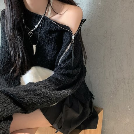 ニット ショルダージップ タッセル ショート丈 ファスナー ワンショルダー プルオーバー トップス ルーズ ゆったり 長袖 韓国ファッション レディース カジュアル DTC-684839572227
