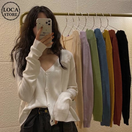 ニットカーディガン Vネック 薄手 シンプル トップス ショート丈 長袖 レトロ 韓国ファッション レディース 大人可愛い ガーリー カジュアル DTC-623854122742