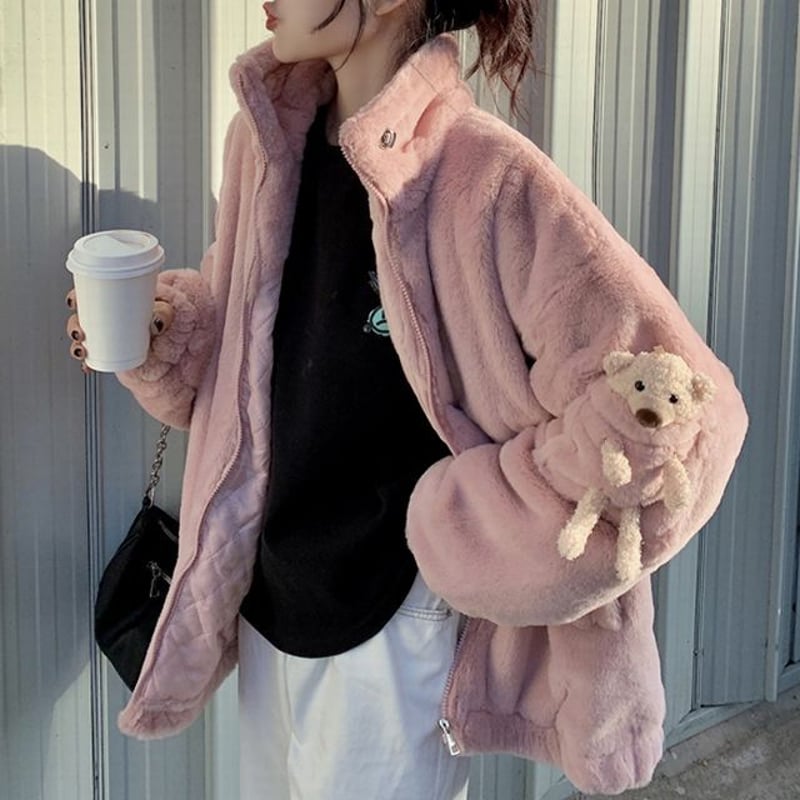 クマのぬいぐるみ付き ボアジャケット ボアブルゾン ゆったり アウター 