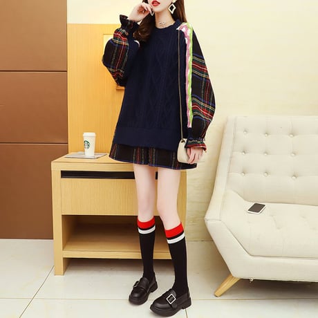 ドッキングトップス フェイクレイヤード ケーブル編み ニット ＋ チェック ネルシャツ 韓国ファッション レディース ラウンドネック 保温 大人カジュアル ガーリー DTC-628217939644