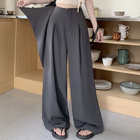 アシンメトリー モップパンツ ワイドパンツ タック ドレープ ハイウエスト ルーズ レトロ 韓国ファッション レディース 大人可愛い ガーリー DTC-778588912089