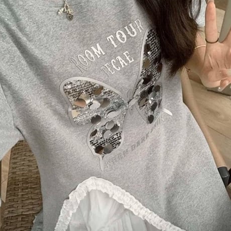 Tシャツ スパンコール バタフライ 蝶 レース スリット キラキラ トップス ルーズ 半袖 レトロ 韓国ファッション レディース 大人可愛い ガーリー DTC-797869272696