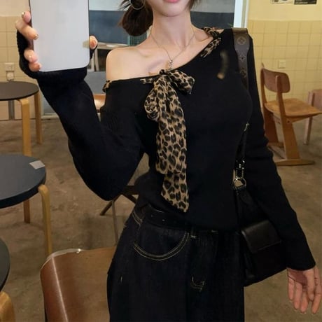 トップス ロンT オフショルダー ショート丈 レオパード柄 ヒョウ柄 スカーフ リボン ワンショルダー tシャツ リブニット スリムフィット 長袖 レトロ DTCA-835383356165
