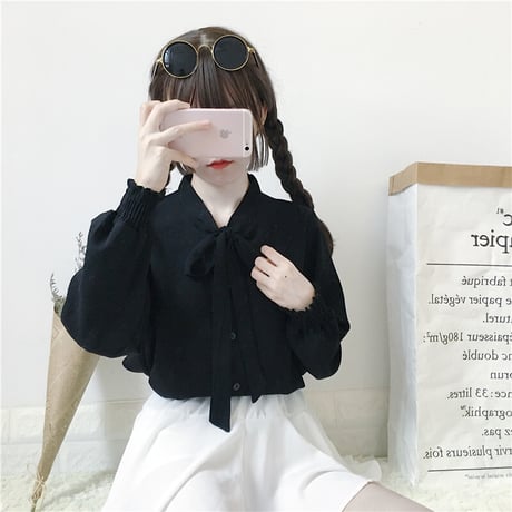 【3カラー】 ブラウス ボウタイ リボン パフスリーブ ルーズ 長袖 ホワイト ピンク ブラック レトロ 韓国ファッション レディース 大人可愛い ガーリー DTC-587252426717