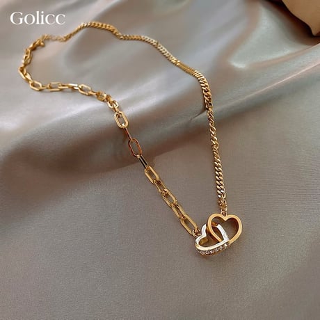 ダブルハート ネックレス CZ チェーン付き レディース ペンダント 合金 アクセサリーDTC-633357761746)