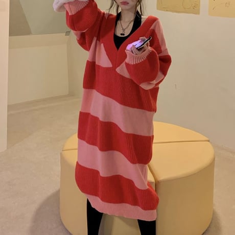 ボーダー柄 ニットワンピース Vネック オフショルダー ロング丈 長袖 ルーズウエスト レトロ 韓国ファッション レディース カジュアル 大人可愛い ガーリー DTC-663068830182