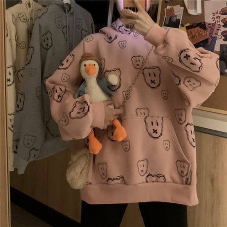 パーカー クマちゃん プラスベルベット プルオーバー 韓国ファッション レディース ルーズ ゆったり カジュアル ストリート系 DTC-632243442587