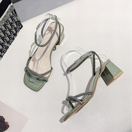 サンダル ラインストーン アンクルストラップ チャンキーヒール 6cm 韓国ファッション レディース ストラップ パンプス キュート 痛くない かわいい 靴 歩きやすい 614736619415