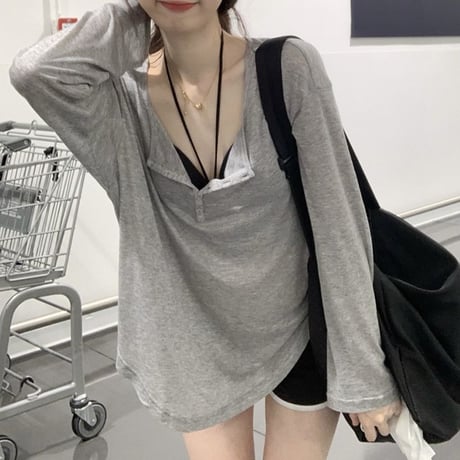 2点セット tシャツ ホルターネック キャミソール フロントボタン 薄手 オーバーサイズ トップス 長袖 レトロ 韓国ファッション レディース 大人可愛い ガーリー DTC-705063752334