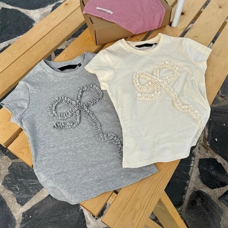 立体リボン Tシャツ リボンコード フリル タイト スリムフィット ショート丈 クルーネック 半袖 レトロ 大人可愛い ガーリー カジュアル DTCA-802763810438
