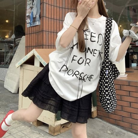 Tシャツ リボン 英字 オーバーサイズ トップス 半袖 スカート ティアードミニスカート フリル レトロ 韓国ファッション レディース 大人可愛い ガーリー DTC-789326173684