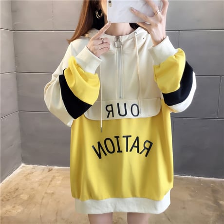 プルオーバー パーカー バイカラー ハーフジップ 韓国ファッション レディース トップス ルーズ カジュアル ストリート系 大人可愛い ガーリー DTC-601854465577