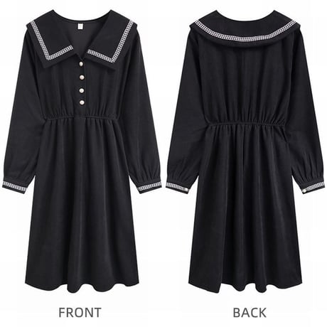 襟付き ワンピース フロントボタン ロング丈 ウエストゴム 長袖 ハイウエスト レトロ 韓国ファッション レディース 大人可愛い ガーリー DTC-657688440052