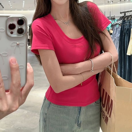 6COLOR Tシャツ 半袖 Uネック スリムフィット ショート丈 トップス レトロ 韓国ファッション レディース 大人可愛い ガーリー DTC-792036557105