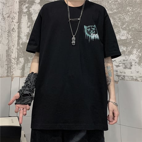 ユニセックス Tシャツ ネコプリント バックプリント 半袖 韓国ファッション メンズ レディース 大きめ ルーズ カジュアル ストリート系 DTC-638753135798