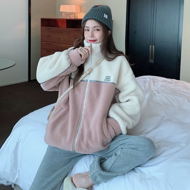 ボアブルゾン もこもこ バイカラー ゆったり イミテーションラムファー