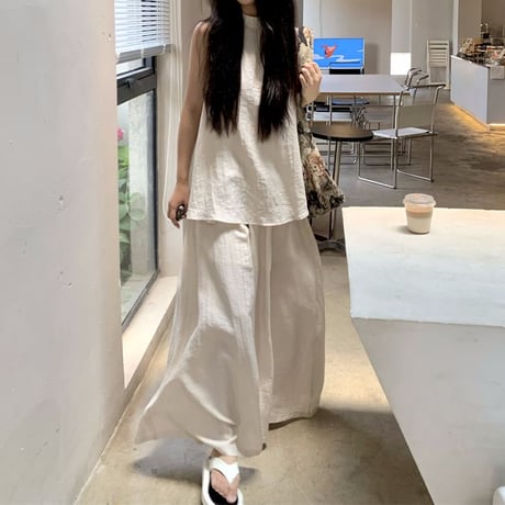 セットアップ 2点セット ノースリーブ トップス ワイドパンツ ルーズ カットソー モップパンツ レトロ 韓国ファッション レディース 大人可愛い ガーリー DTC-806843446722