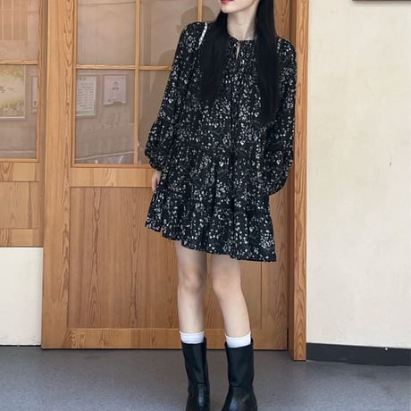 花柄 ワンピース ランタンスリーブ フリル ミニワンピース ゆったりウエスト Aライン ルーズ 長袖 レトロ 韓国ファッション レディース 大人可愛い ガーリー DTC-734739190315
