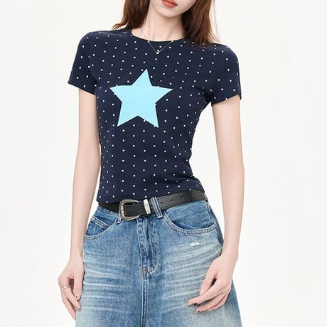 tシャツ ドット柄 スター 星 ショート丈 クルーネック タイト トップス スリムフィット タイトシルエット 半袖 レトロ 大人可愛い ガーリー カジュアル DTCA-1039930699153