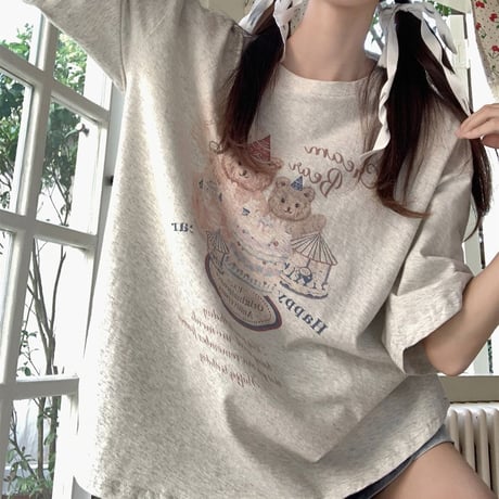 Tシャツ 半袖 クマちゃんプリント かわいい トップス クルーネック オーバーサイズ 半袖Tシャツ ルーズ ゆったり カジュアル 韓国ファッション レディース DTC-706291049823