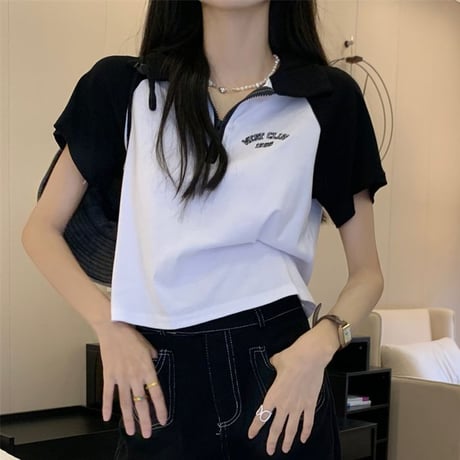【3カラー】 ポロシャツ バイカラー ハーフジップ ショート丈 トップス 半袖 レトロ 韓国ファッション レディース 大人可愛い ガーリー カジュアル DTC-676872594169