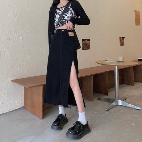 スリット入り デニムスカート ロゴ ロング丈 ハイウエスト 韓国ファッション レディース スカート デニム 大人可愛い ガーリー DTC-641093396160