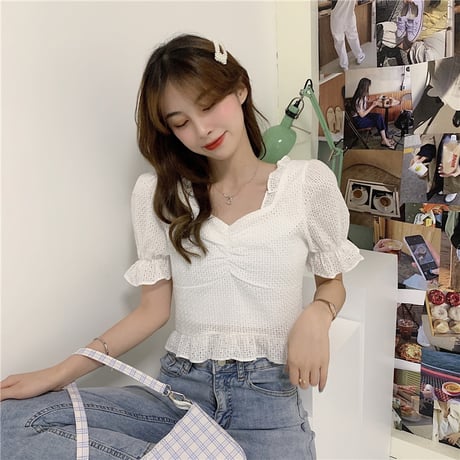 ブラウス ショート丈 半袖 韓国ファッション レディース トップス フレア レーストップス シフォン 透け感 穴あき フレアスリーブ ガーリー 619020960448