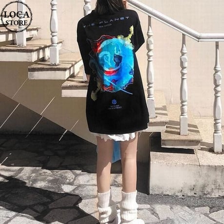 ユニセックス Tシャツ プラネット 惑星 プリント 半袖 オーバーサイズ ゆったり カジュアル 韓国ファッション メンズ レディース 韓国ストリートファッション DTC-642267128984