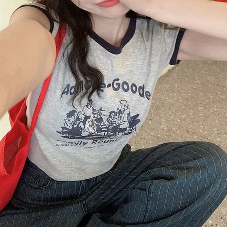 レトロプリント Tシャツ ショート丈 半袖 クルーネック スリムフィット レトロ カジュアル ストリートファッション ストリート系女子 DTCA-702505709620