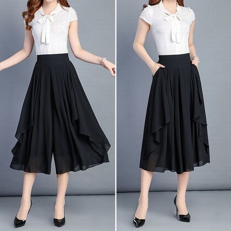 レディース レースフリル ワイドパンツ クロップドパンツ スカート風パンツ ガウチョ 韓国ファッション  (DCT-588962570413_a)
